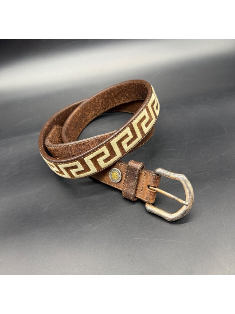 Vintage Patagonia Brown Leather Belt Greek Sand Pattern Sz 40 USA Brass Buckle